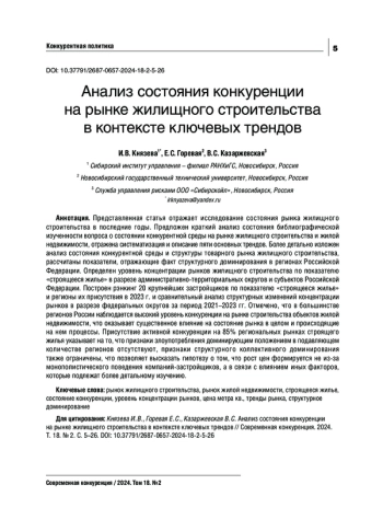 АНАЛИЗ СОСТОЯНИЯ КОНКУРЕНЦИИ НА РЫНКЕ ЖИЛИЩНОГО СТРОИТЕЛЬСТВА В КОНТЕКСТЕ КЛЮЧЕВЫХ ТРЕНДОВ